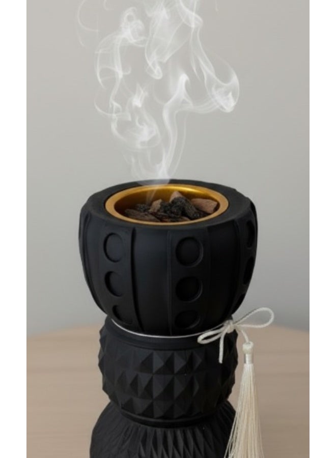 Modern Matte Black Geometric Incense Burner – Triple-Tiered Textured Oud Bakhoor Holder with Decorative Tassel - Image 1